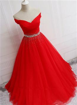 Picture of Pretty Red Color Tulle Off Shoulder Long Formal Gown , Red Color Sweet 16 Dress